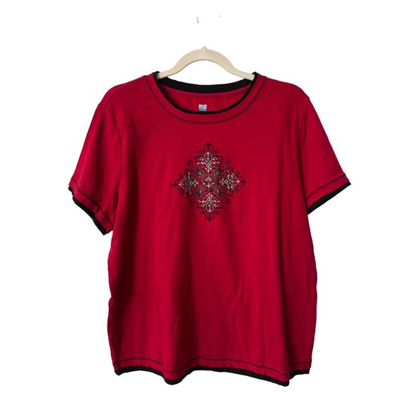 SJB Active Short Sleeve Graphic Tee Women 1X Red Cotton Layered Classic Trendy - Picture 1 of 8